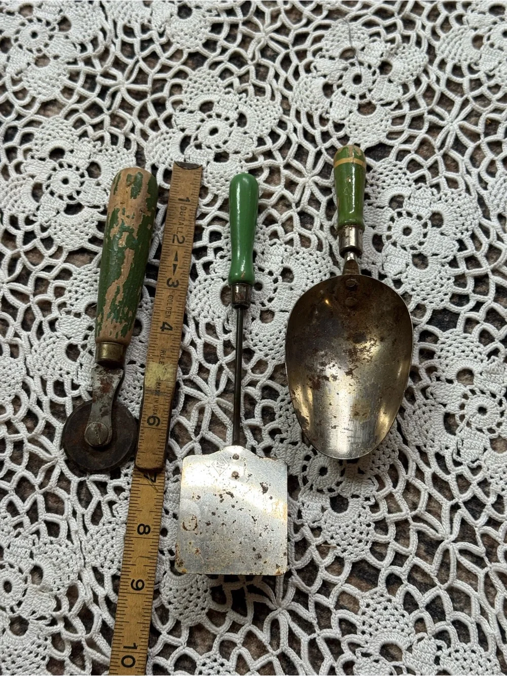 Vintage Green-Handled Metal Serving Utensils Set